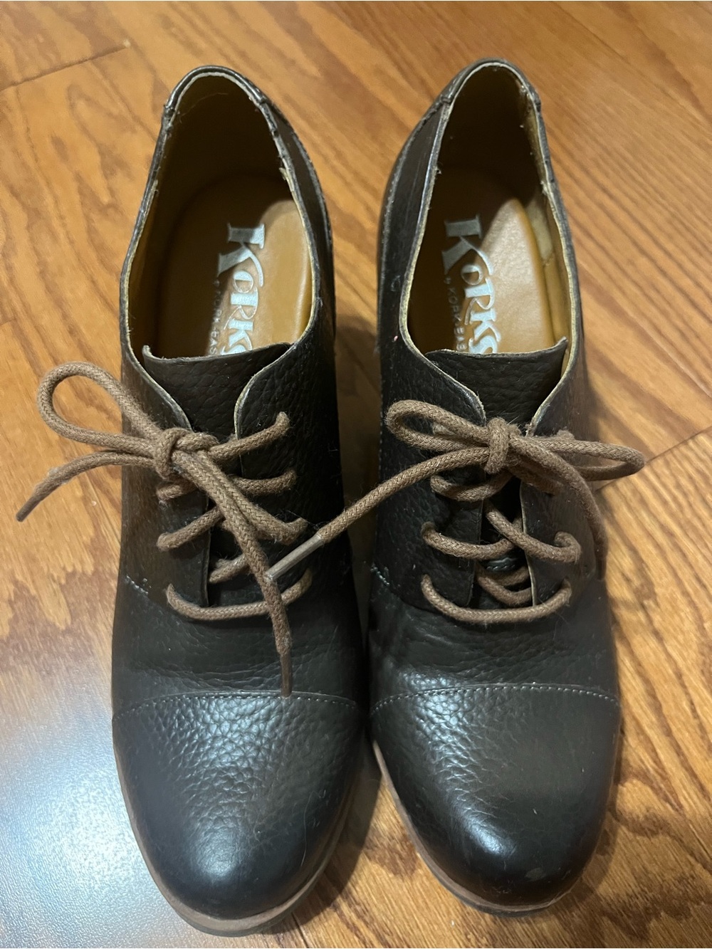 Kork-Ease Dark Brown upper Leather Lace-Up Wedge Shoes with tan Laces and heel